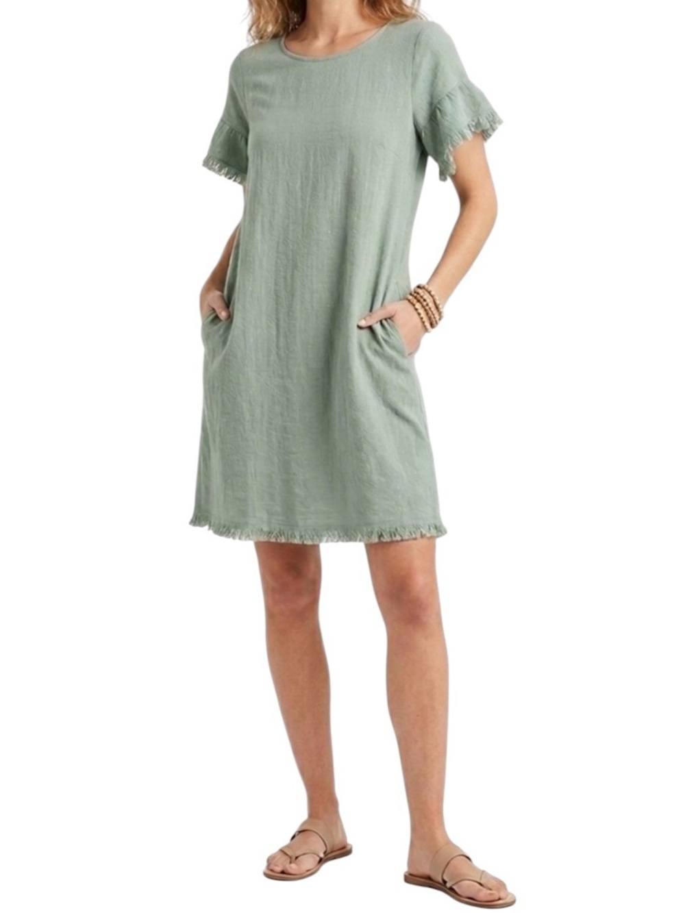 Umgee Becca Mini Dress Sage Green with Fringe Sleeves Linen Blend